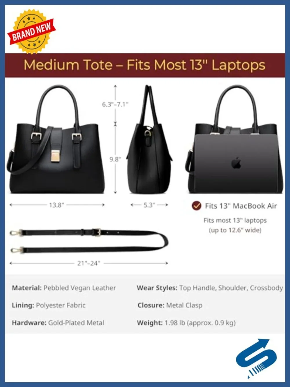 Vegan Leather Tote Handbag for Women, Medium Top Handle Purse with Detachable